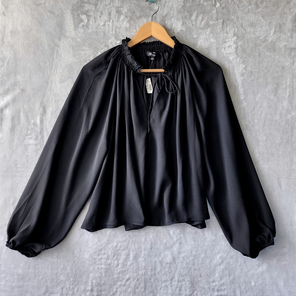 Madewell Top Womens Size Small Black Tie Ruffle Neck Blouse Semi Sheer NWT